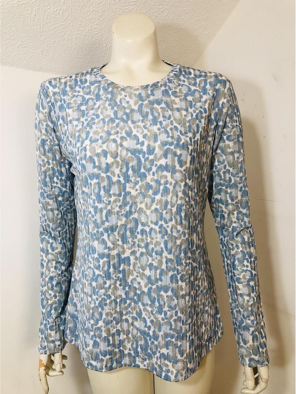 DKNY Womens Medium Blue Grey Animal Print Top Long Sleeves Stretch Lined Front